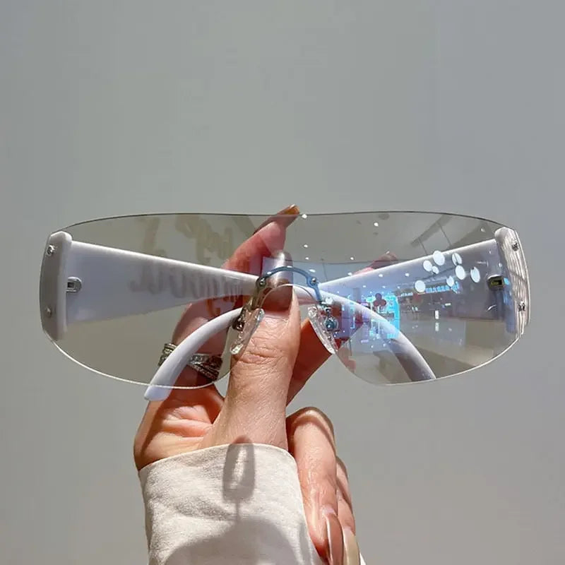 Y2K Rimless Brand Designer Sunglasses Women For Men 2023 One Piece Trending Luxury Sun Glasses Rivet Steampunk Pink Shades UV400