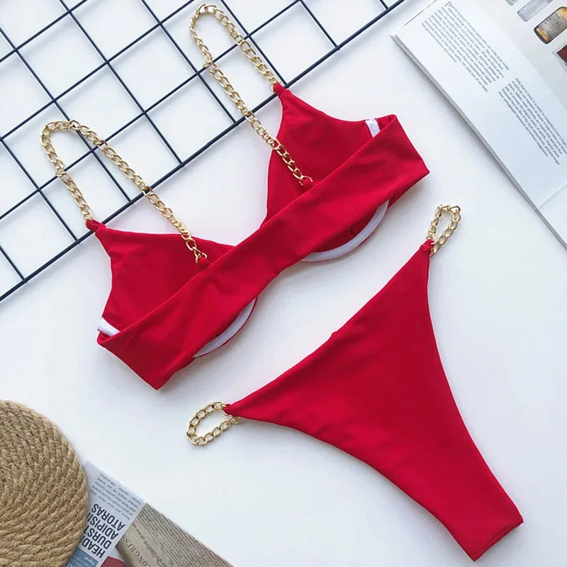 Sexy Metal Chains String High Cut One Piece Swimsuit Women Swimwear Female Monokini Tummy Cut Out Bathing Suit Swim Beach Wear
