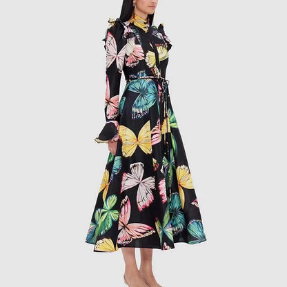 ONEINALL Colorblock Print Midi Dressses For Women Stand Collar Long Sleeve High Waist Patchwork Single Breasted Dress Female New