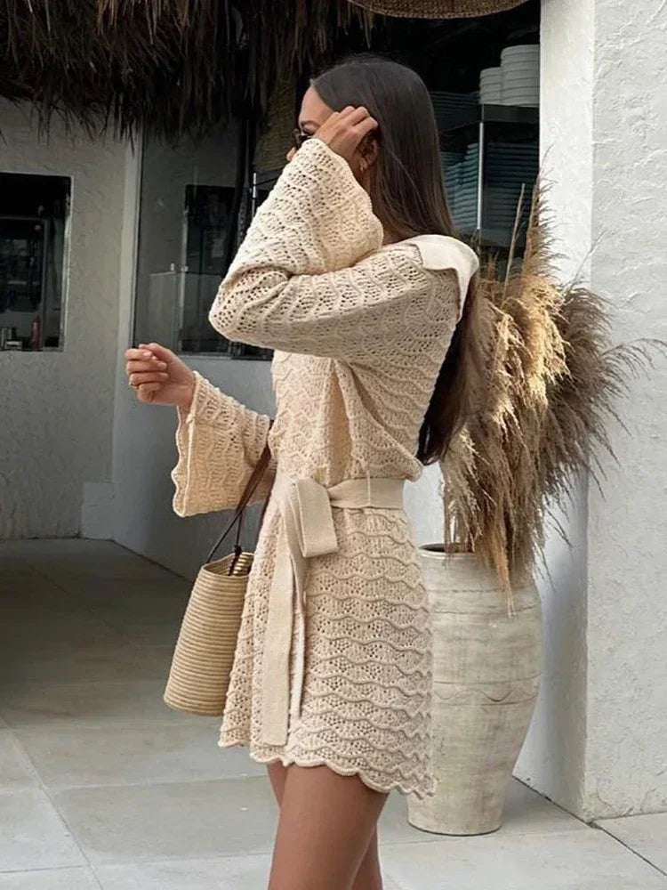 Sexy Shirt V-neck Bell Sleeve Hollow Out Knitted Belted Beach Mini Dress 2025 Summer Swimsuit Cover Up Women's Casual Outfit K16 Luxlife Brands