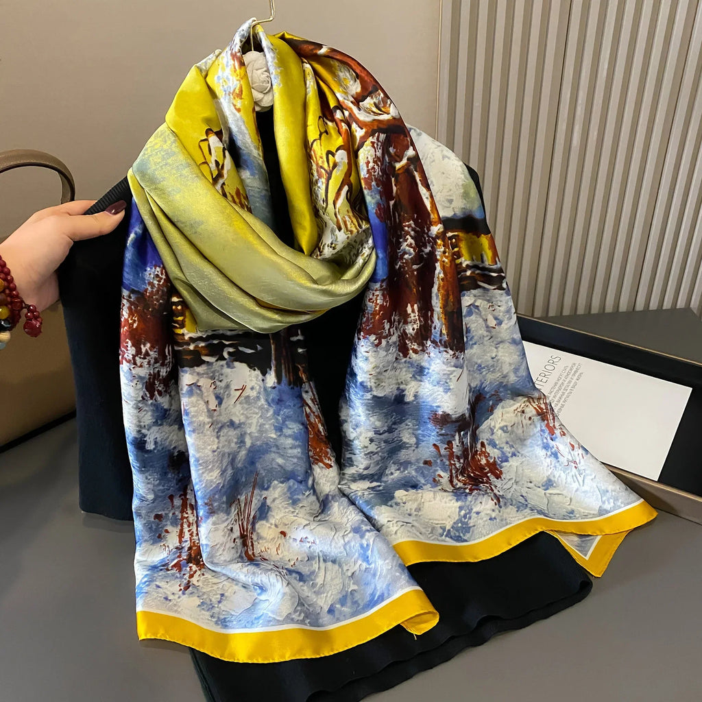 180*90cm Luxury Brand Women Summer Silk Scarves Shawls Lady Wraps Soft Female Geometry Beach Stole Bandanna Foulard Muffler
