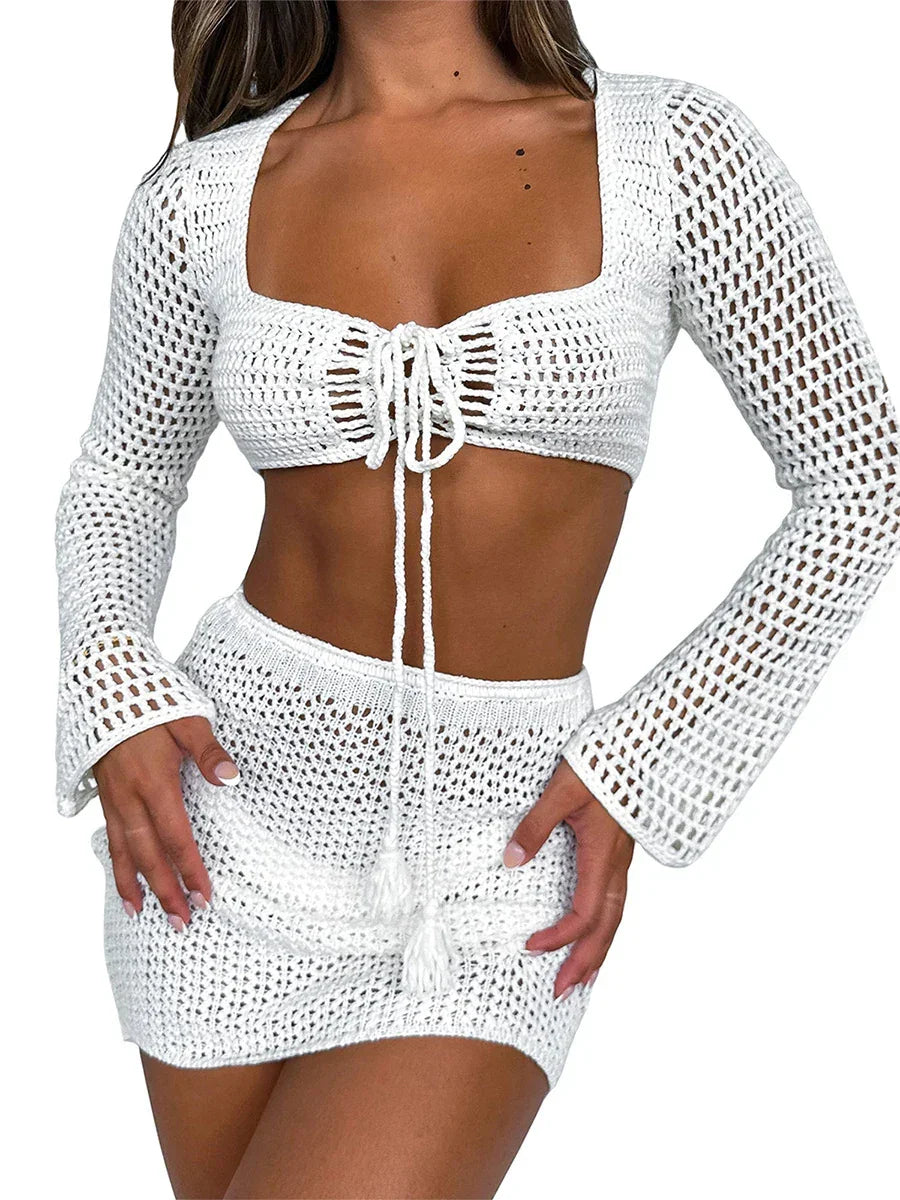 Yiiciovy Women's Sexy Holiday Knittd Bikini Cover Up Sets Beach Hollow Out Crocheted Top + Skirt Sexy Lady See Through Beach Set