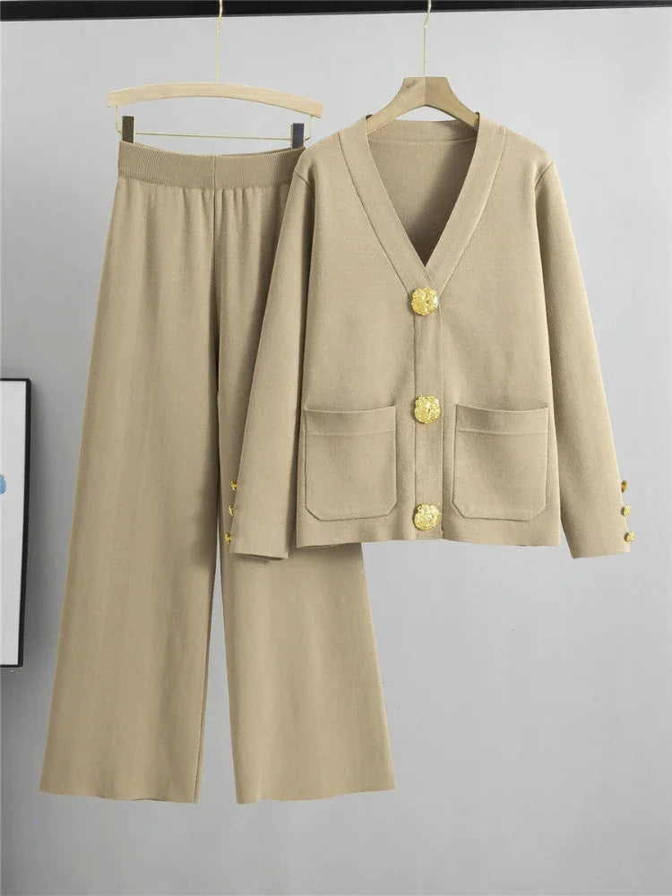 Autumn Winter Women Knit 2 Piece Set New Large Gold Button V-neck Cardigan Coats+High Waist Baggy Wide Leg Pants Sweater Suits Luxlife Brands