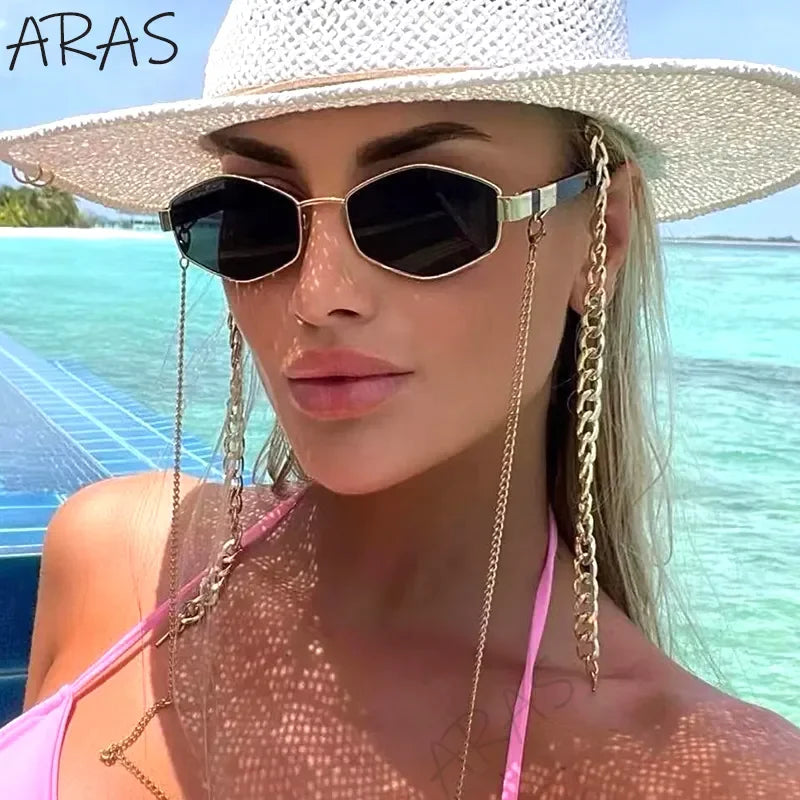 Trendy Retro Hexagon With Chain Sunglasses Women 2023 Brand Designer Unique Polygonal Sun Glasses For Female Small Frame Eyewear LUXLIFE BRANDS