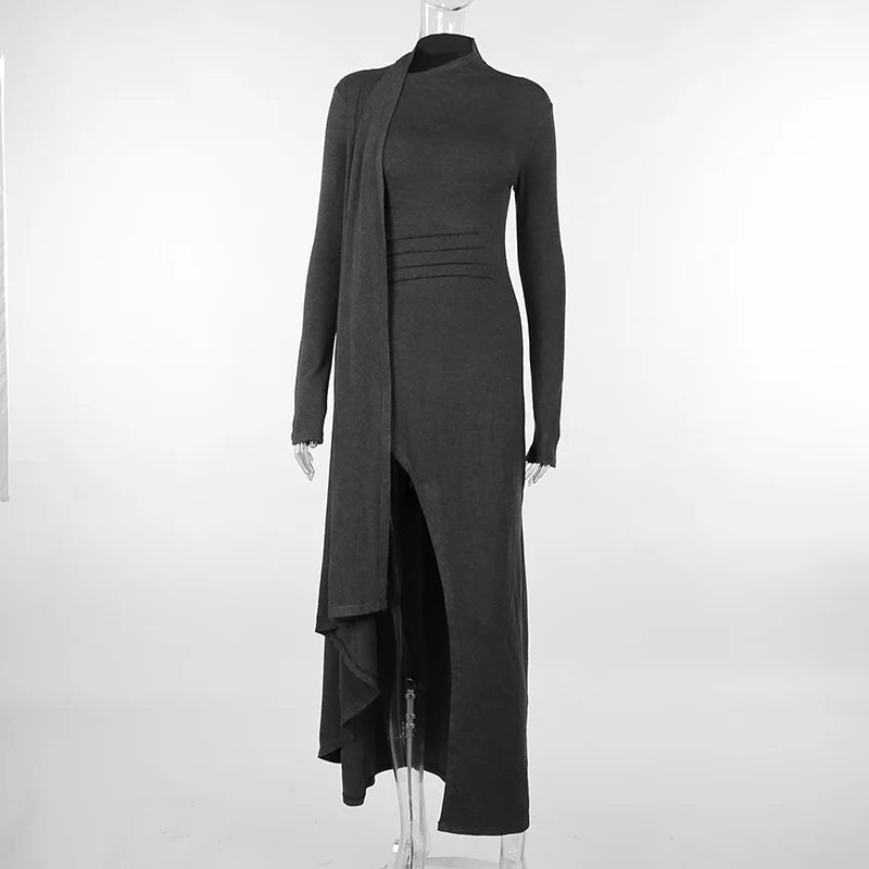 Asymmetrical Knit Long Dresses for Women Winter Fashion Kendall Outfits Gray Black Sexy Long Sleeve Slit Dress JY23546DG