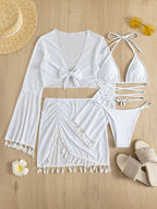 4 Pieces Lace Up Halter Triangle Bikini Swimsuit & Cover Up Top With Skirt Sexy Swimwear Women 2023 Bathing Swimming Suit Female