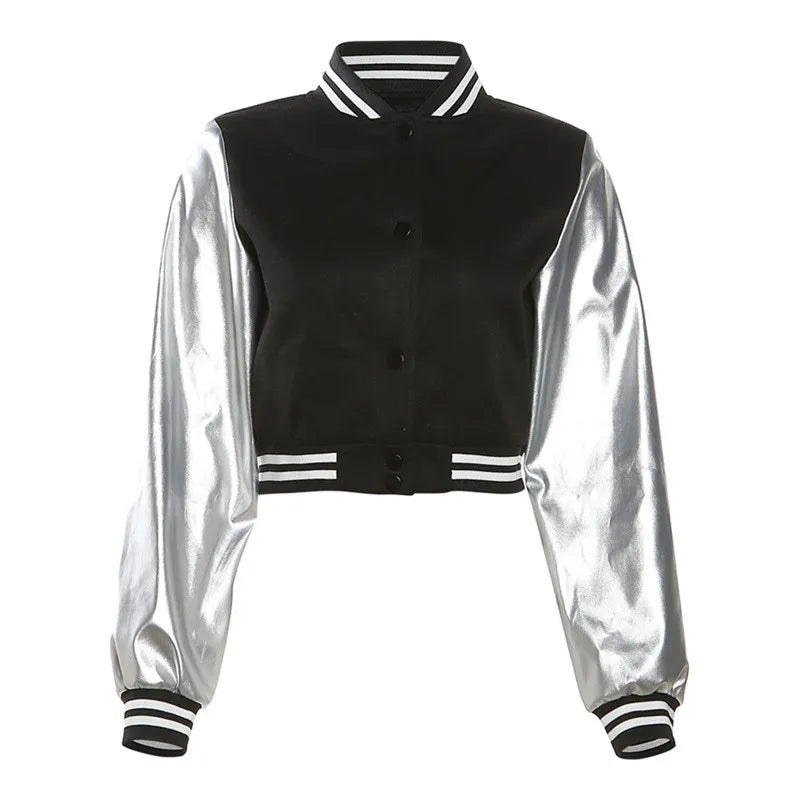 Fashion Women Letter Embroidery Cropped Baseball Jacket Silver PU Leather Sleeve Outcoats Varsity Buttons Bomber Jackets Uniform