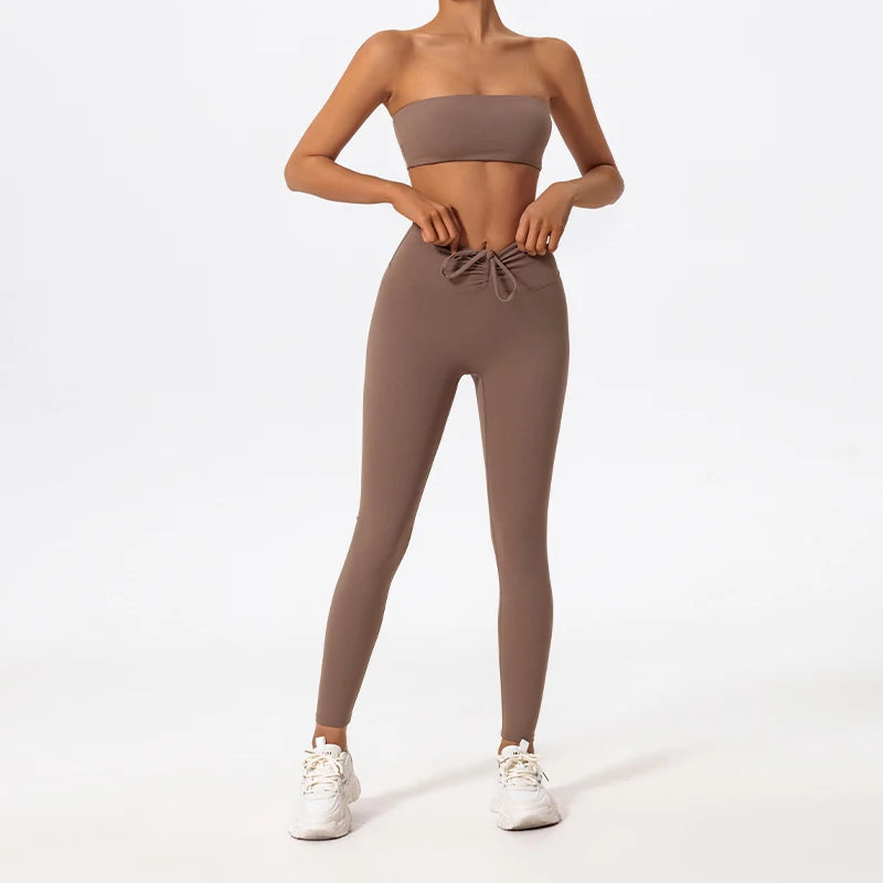 Ctenkevet Summer Women's Breathable Yoga Set Female High Waist Drawstring Sports Suit 2ps Women Fitness Wear Strapless Bra Woman