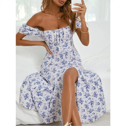 Floral Backless Slim Fit Dresses Strapless Puff Sleeve Suspender Dress Split Pleated Lace Up Vintage 2023 Summer Women Clothing