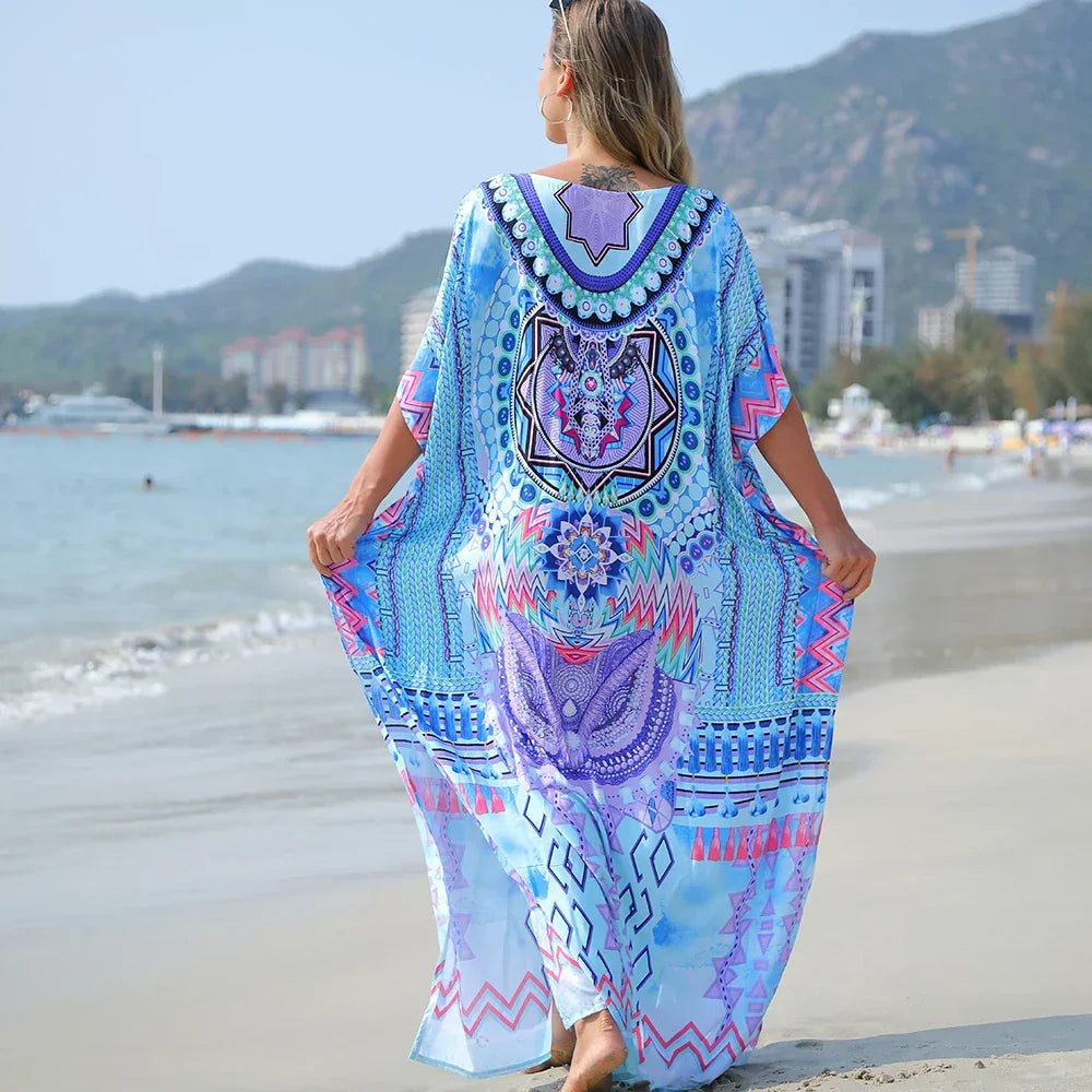 Plus Size Boho Cover Up, Women's Plus Geo Print Batwing Sleeve V Neck Split Kaftan Maxi Cover Up Dress LUXLIFE BRANDS