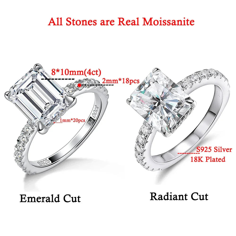 Emerald/Radiant Cut Real Full Moissanite Ring for Women 8*10mm D Color Diamond 925 Sterling Silver Wedding Band with Certificate Luxlife Brands