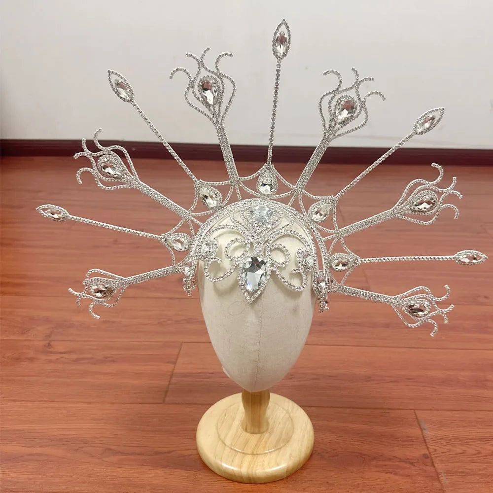 Luxury Peacock Rhinestone Statement Crown – Oversized Crystal Headpiece & Show-Stopping Hair Jewelry for Fashion Shows, Galas & Festivals