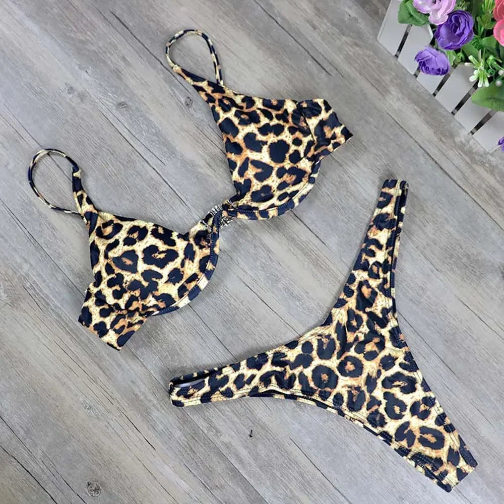 Sexy Women Bikini Brazilian Swimsuit Push-up Bra Bikini Set Two Piece Swim Suit Swimwear Low-waisted Beachwear Leopard Bathing