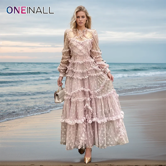 ONEINALL Solid Elegant Patchwork Mesh Dress For Women Stand Collar Long Sleeve High Waist Chic Folds Long Dresses Female Clothes