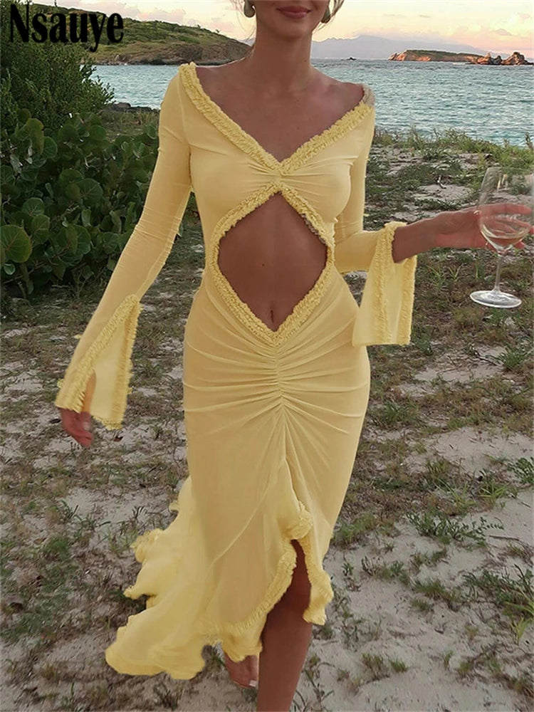 Nsauye Sexy Dress Summer Beach Women Long Sleeve Mesh Ruched Ruffles Maxi Wrap Cut Out Party Club Fashion Elegant Dress 2024 LUXLIFE BRANDS
