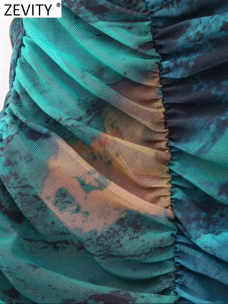 Zevity Women Fashion Single Shoulder Tie Dyed Print Pleated Mesh Smock Blouse Female Asymmetrical Shirt Blusas Chic Tops LS5432 LUXLIFE BRANDS