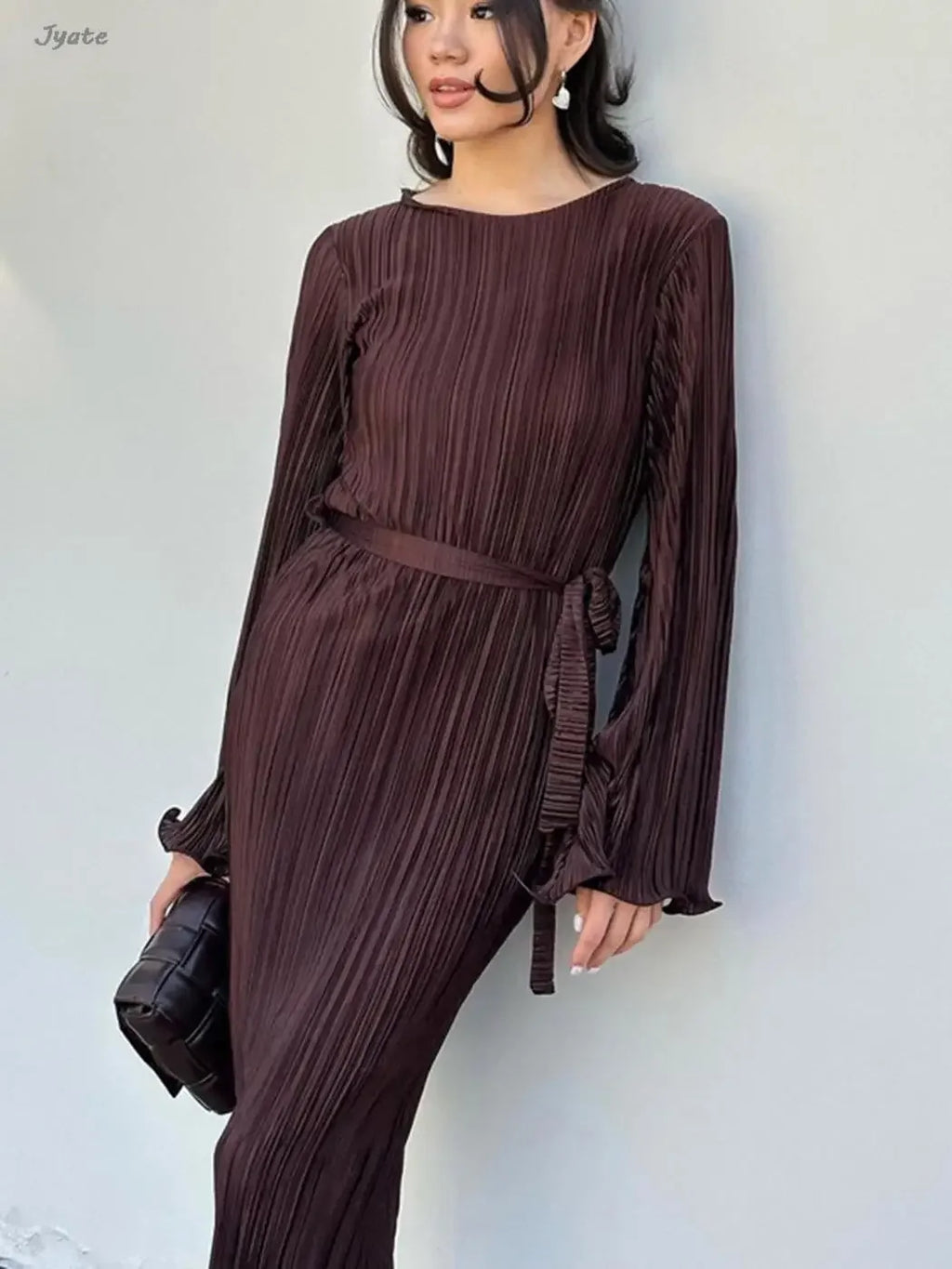 Women's 2023 Autumn New Fashion Pleat Belted Vestidos Elegant Flare Long Sleeve Long Fold Long Dress Party Prom Slim Robe LUXLIFE BRANDS