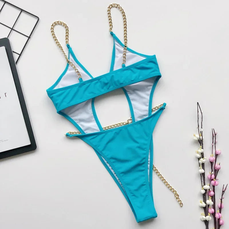 Sexy Metal Chains String High Cut One Piece Swimsuit Women Swimwear Female Monokini Tummy Cut Out Bathing Suit Swim Beach Wear