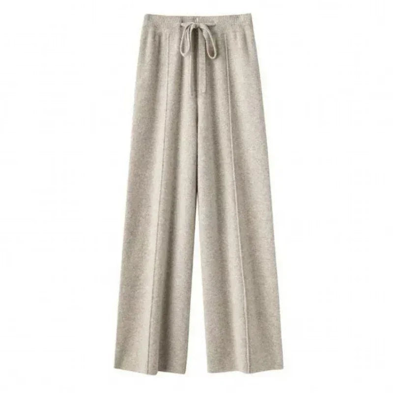 Women Merino Wool Knitted Wide Leg Pants Autumn Winter Basic Soft Warm Cashmere Knit Trousers Casual Simple Style Korean