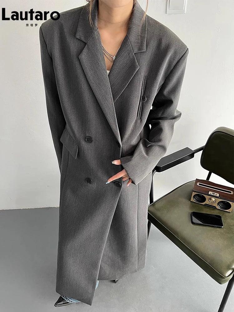 Lautaro Spring Autumn Long Grey Black Trench Coat for Women Double Breasted Loose Casual Korean Fashion Clothing Blazer 2023 LUXLIFE BRANDS