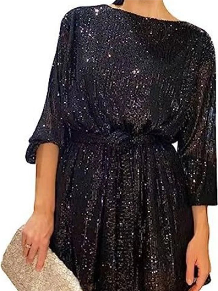 Women Loose Sparkly Prom Dresses 2023 Gold Black Silver Sequin Round Neck Short Party Dress With Belt Elegant Night Club Outfits LUXLIFE BRANDS