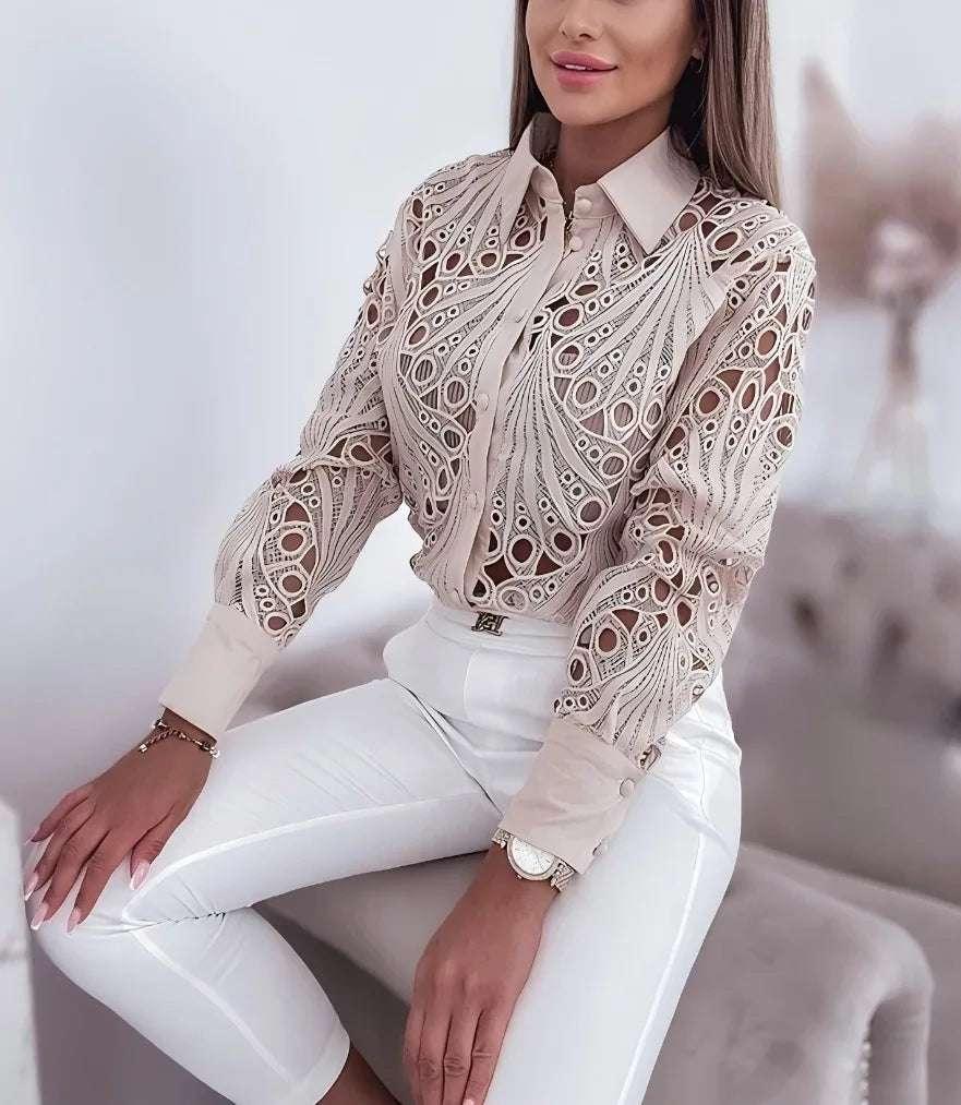New Fashion Lace Hollow Long Sleeve Shirt For Women 2025 Spring Autumn Elegant Office Lady Blouse And Tops Casual Button Shirts