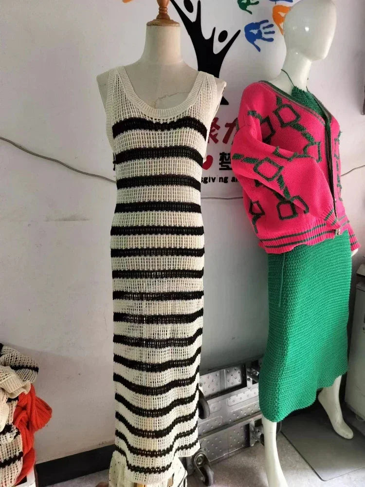 Black Striped Knitted Beach Dress Women Elegant Causal Loose Long Holiday Dresses Summer Sleeveless Bikini Cover Up Dress 2024 LUXLIFE BRANDS