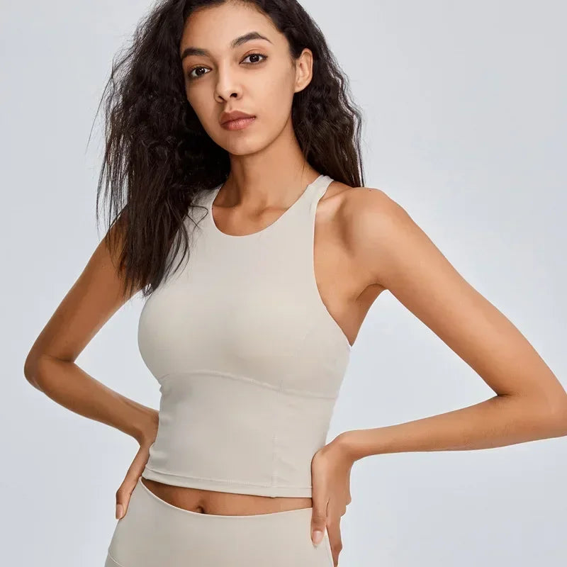 Women Shock Proof Running Fitness Crop Top Seamless Top Padded Workout Yoga Tanks Comfy Cross Back Wide Strap