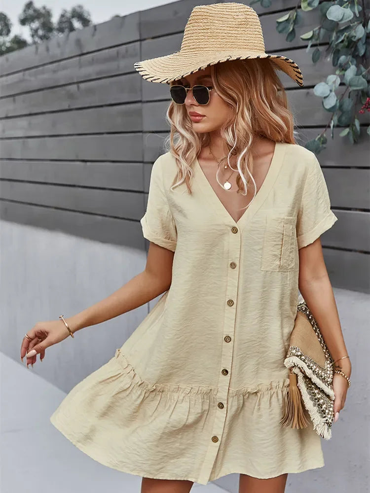 Solid Short Dress Women V Neck Single Breasted Loose A Line Dress For Spring Summer LUXLIFE BRANDS