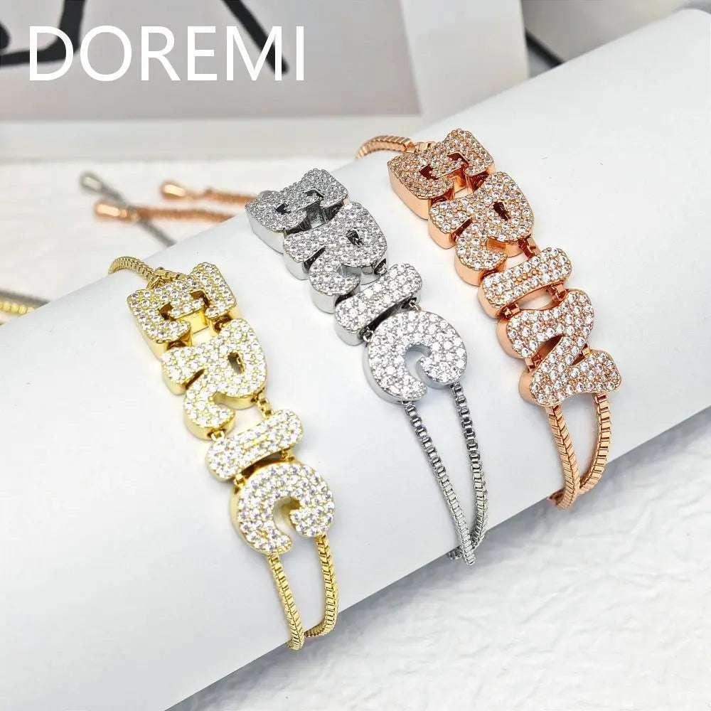 DOREMI Crystal Zircon Name Customized Letter Doubel Chain Mesh Dainty Sliding Slider Letter Personalize Name Bracelets