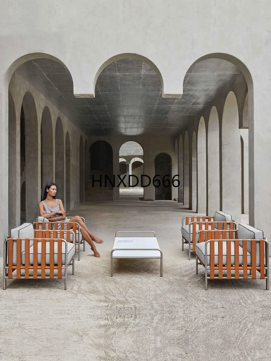 Outdoor stainless steel sofa rattan courtyard villa rain and sun coffee table combination