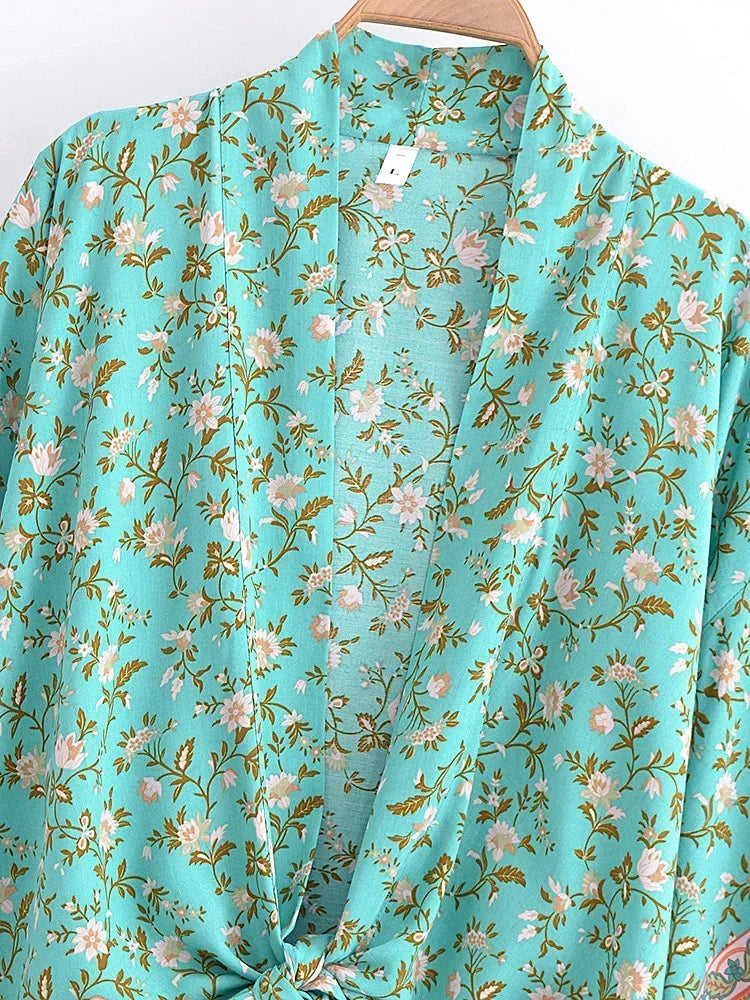 Vintage Boho Kimono Short Robe Bikini Cover Up