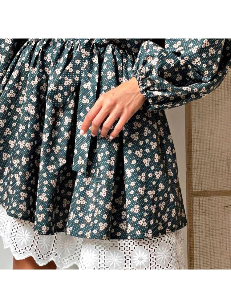 Aynaray 2023 Autumn Winter Women Floral Printed Mini Dress Prairie Chic France Long Sleeve Flare Dress Female