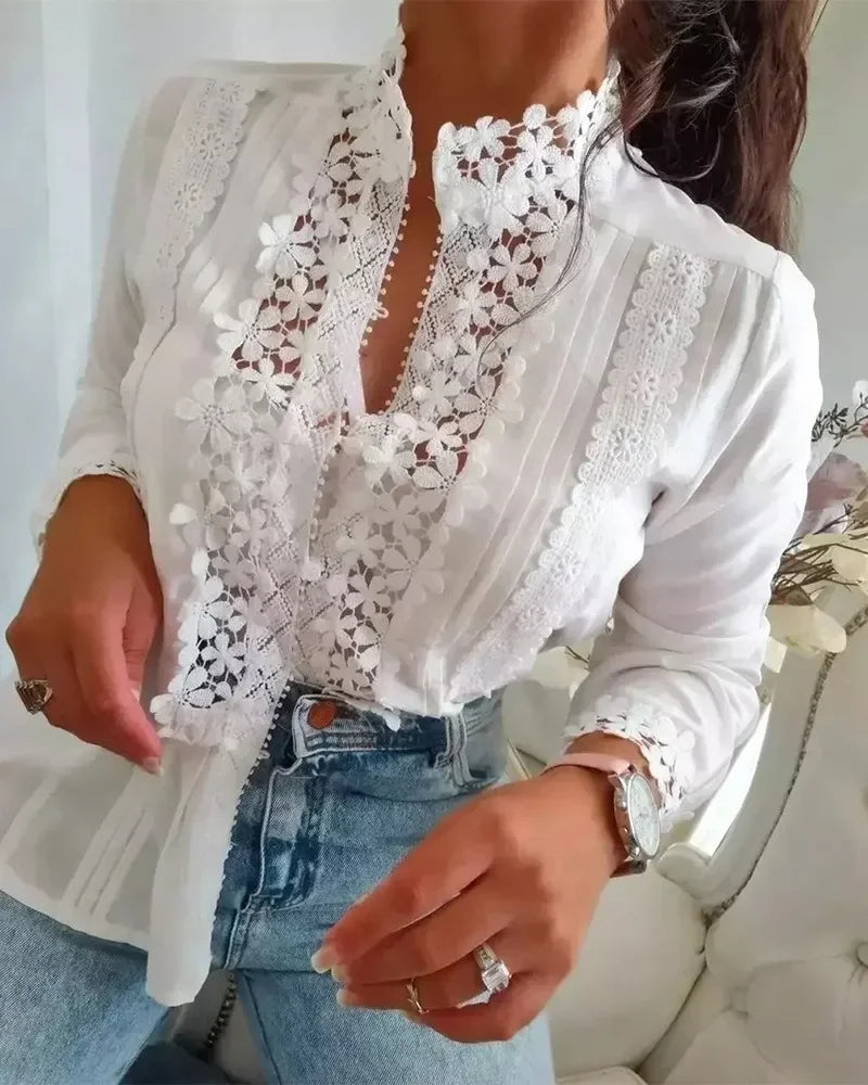 Fashion Woman Blouse 2024 Spring Floral Pattern Lace Patch Hollow-Out Long Sleeve Casual Stand Collar Plain Daily Top