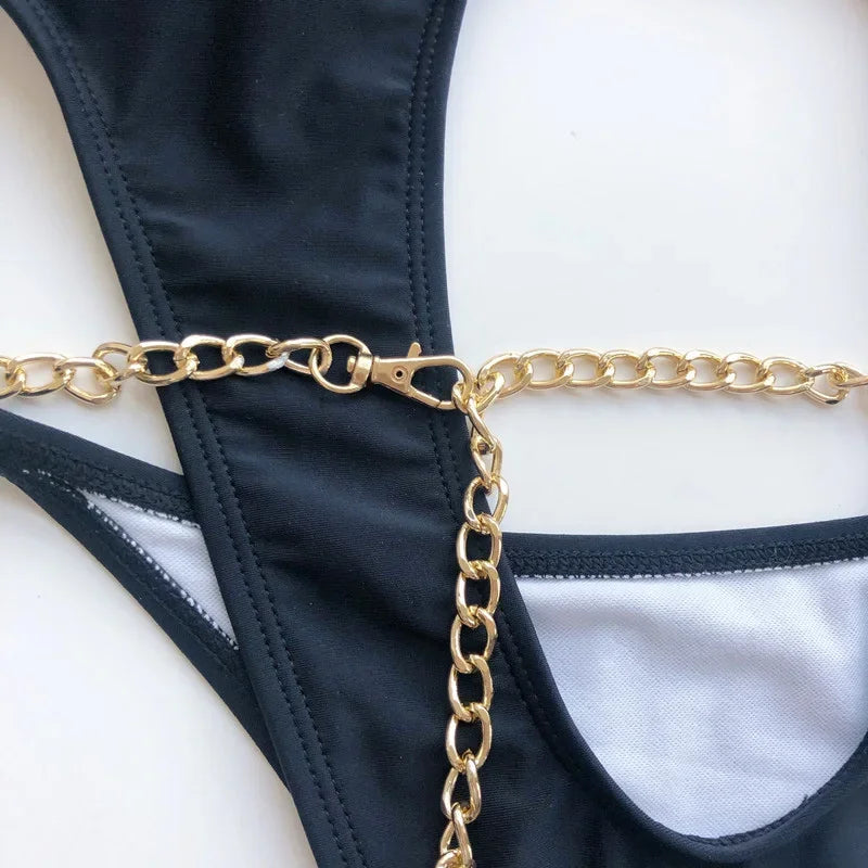 Sexy Metal Chains String High Cut One Piece Swimsuit Women Swimwear Female Monokini Tummy Cut Out Bathing Suit Swim Beach Wear
