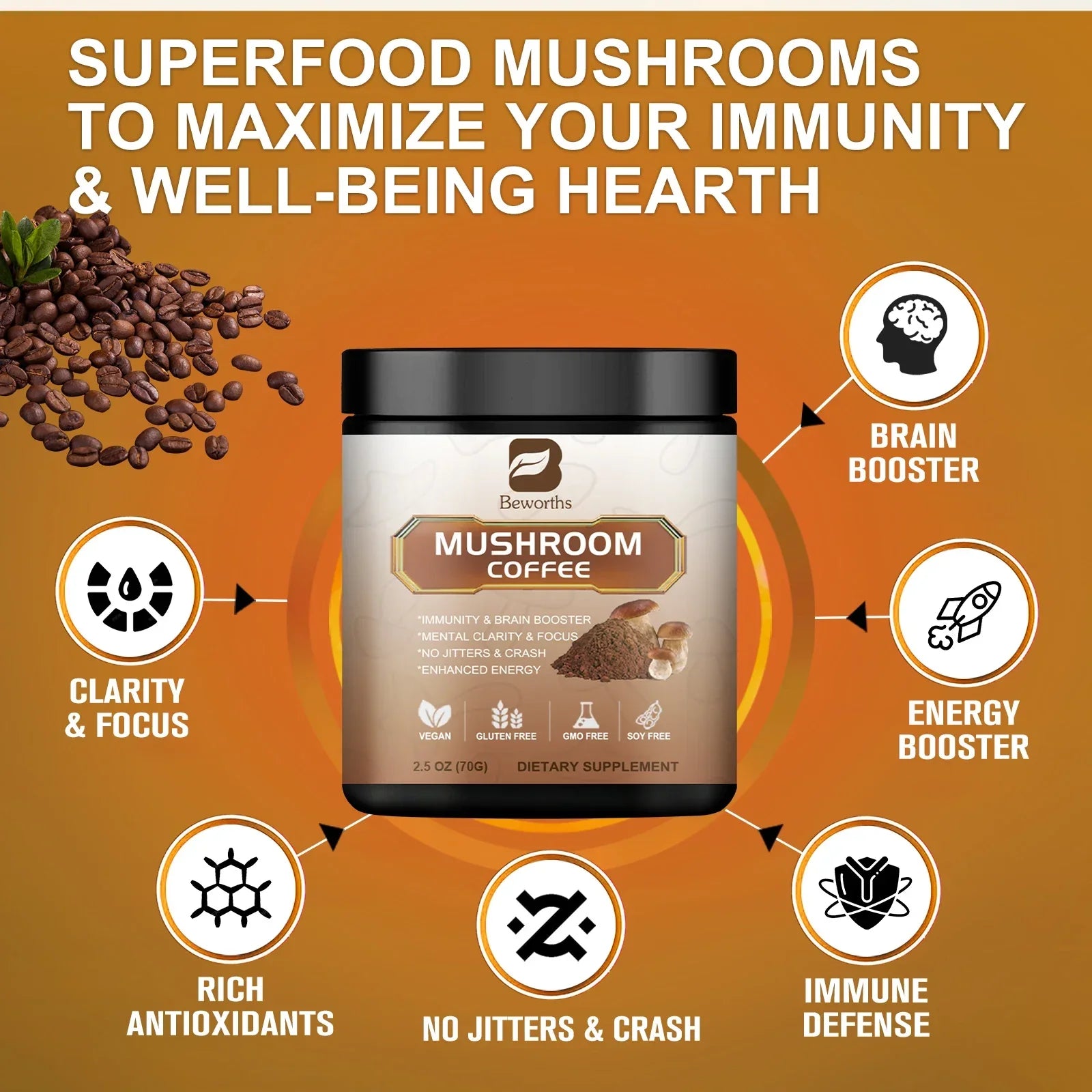 BWEORTHS 250G Mushroom Coffee Mixed Reishi & Lion's Mane Mushrooms Support Immunity and Focus Health Boost Memory NO-GMO 10 in 1