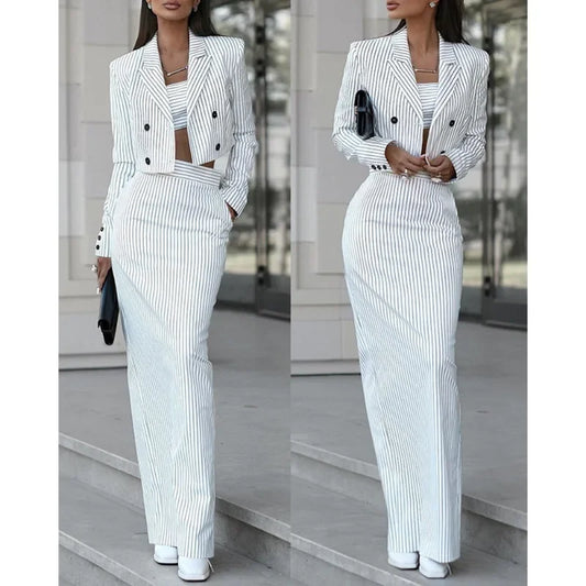 Office Lady Striped Long Sleeve Lapel Blazer Coat Slit Maxi Skirt Two Piece Set Elegant Women Tracksuit Y2K Chic Clothes Outfits