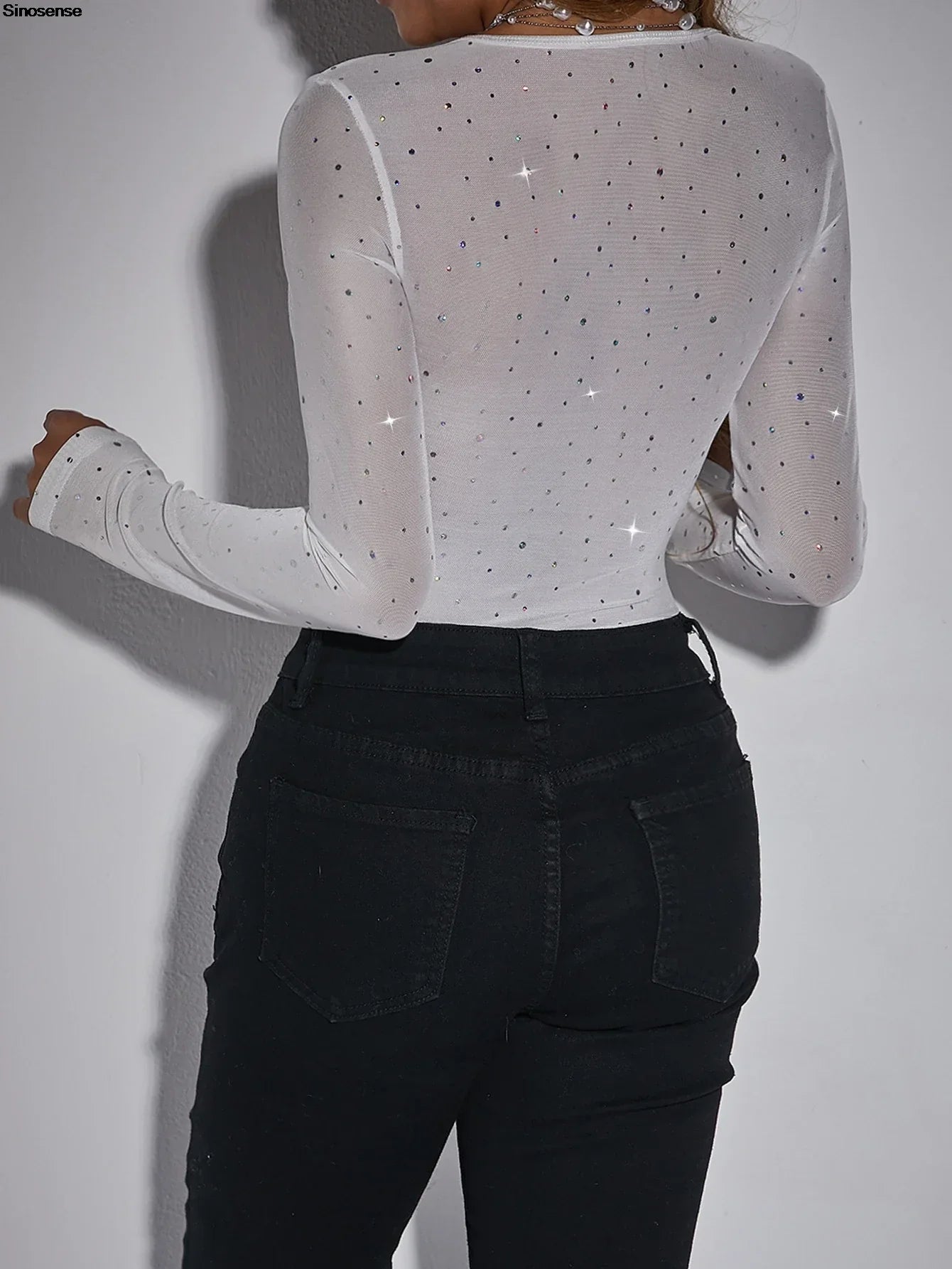 Women Elegant Black Sequin Mesh Bodysuit Long Sleeve Sweatheart Neck Sheer Corset Bodysuit Y2K Night Out Club Party Leotard Tops