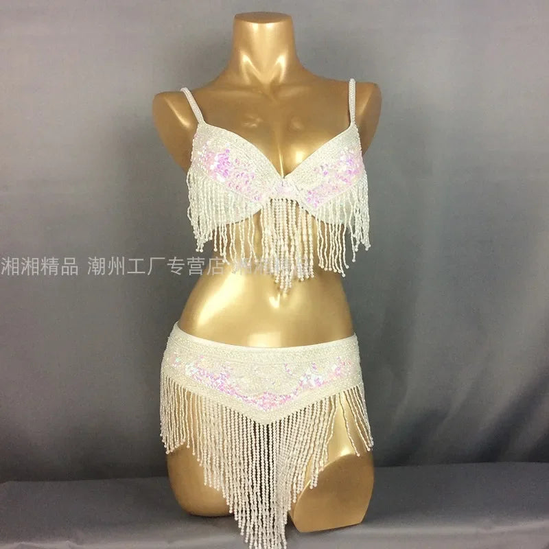 The Stardust Cabaret 2-Piece Ensemble – Luxury Sequin Fringe Bra & Belt Set