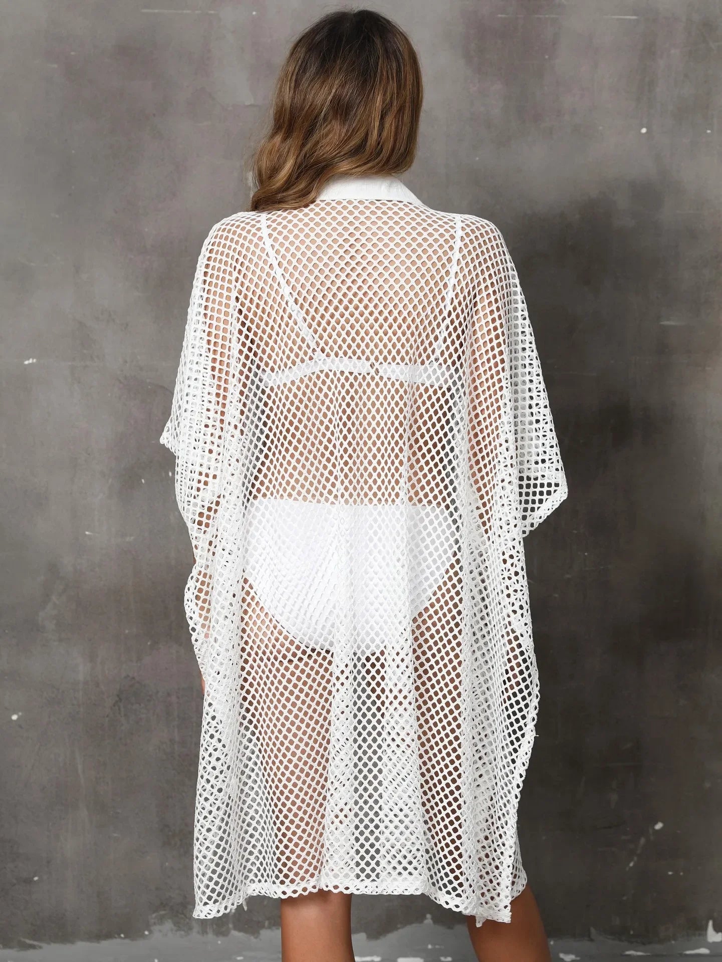 New 2024 Summer Dress Sexy Mesh Kimono Beachwear Button Shirt for Women Bathing Suit Coverup Sun Dress White Cardigan Tu LUXLIFE BRANDS