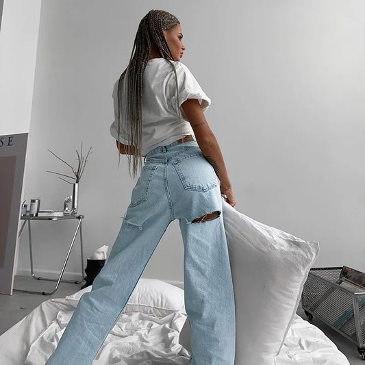 Spring 2023 New Simple Casual All-match Slim Hot Girl Ripped Jeans Female Fashion All-match Denim Trousers LUXLIFE BRANDS