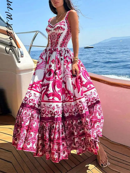 Women Sexy Printed Suspender Dress Fashion V-neck Backless High Waist Large Swing Midi Vestido Summer Female Chic Vacation Robes LUXLIFE BRANDS