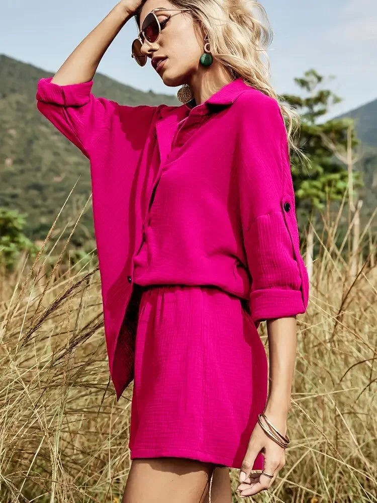 2023 Summer Beach Casual Button White Women's Sets Cotton Linen Two Pieces Sets Long Sleeve Shirt and Shorts Women Set Outfits