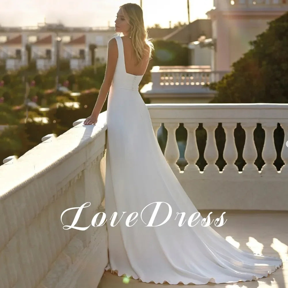 Simple Square Collar White Wedding Dresses For Women Side Split Sleeveless Belt Modern Button Bride Gown Backless Robe de Mariée LUXLIFE BRANDS