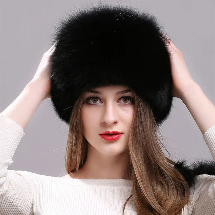 Real Fox Fur Hat for Women with Leather Top Mongolian Princess Hat with Pompom Winter Warm beanie Russian Cap Bonnets for Women LUXLIFE BRANDS