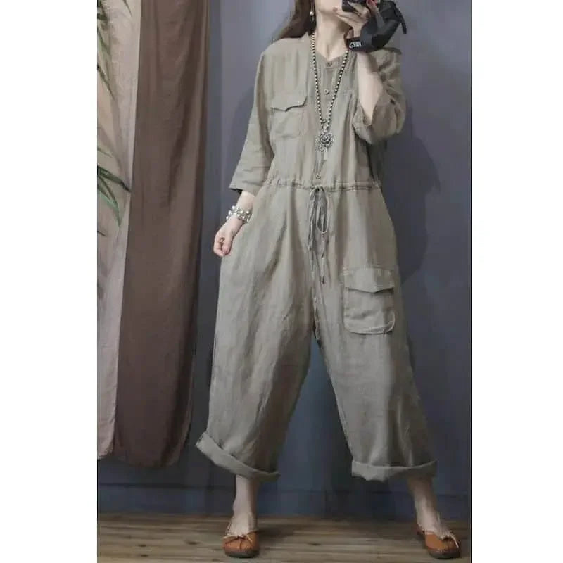 Cotton Linen Playsuit Oversize Jumpsuits Women Long Sleeve One Piece Outfit Women High Waist Pants Overalls for Women Clothes