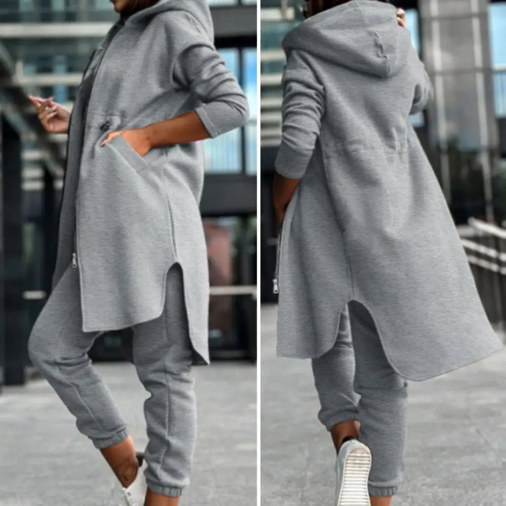 Breathable Women Suit Women's Hooded Coat Pants Set with Irregular Split Hem Long Sleeve Fleece Tracksuit Elastic Waist