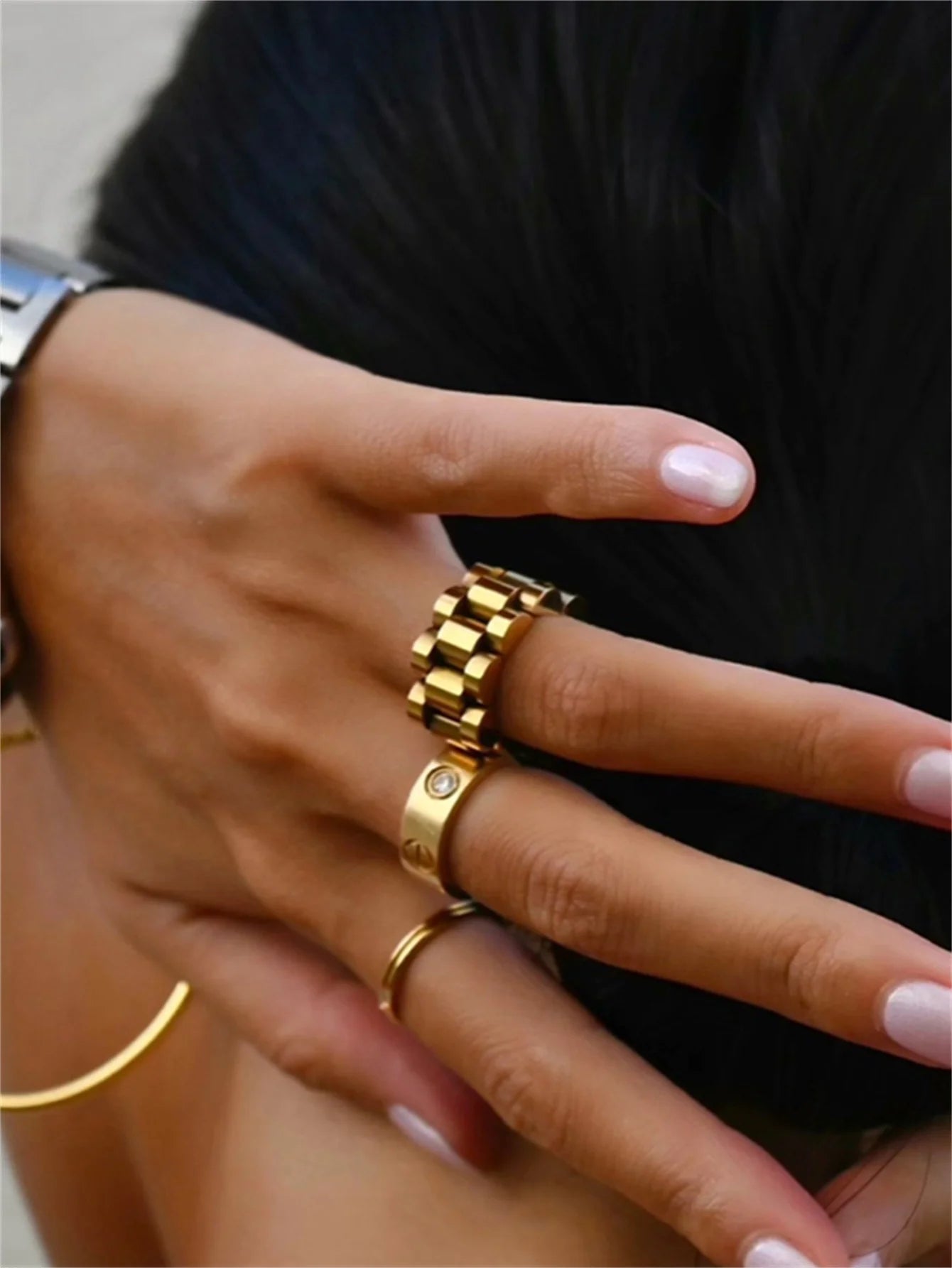 Peri'sbox Solid Gold Pvd Plated Bold Wide Thick Ring for Women Chunky Link Chain Stainless Steel Strap Finger Rings Jewelry