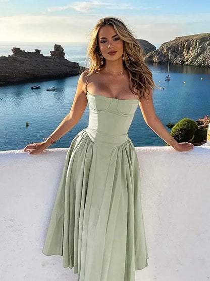 Women Sexy Solid Sling Midi Dress Fashion Sleeveless Backless Pleated Hem Dresses 2024 Summer Female Party Evening A-line Robes