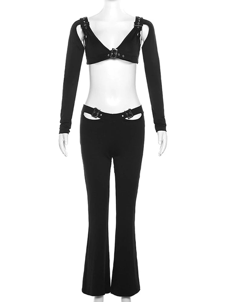 Aynaray Y2K Autumn Winter 2023 Women Sexy Bodycon Slim Dance Suits Solid Black Outfits Crop Tops 2 Two Piece Pants Set Female